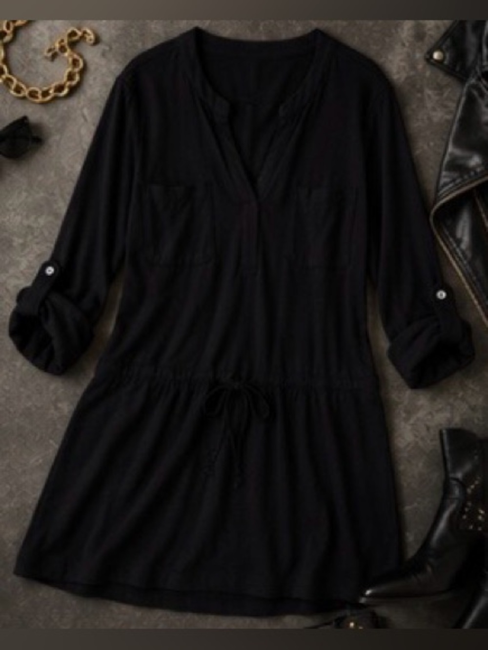 James Perse Cotton Modal Drawstring Shirt Dress Black Size 4 Casual Luxe NWOT - Picture 2 of 6